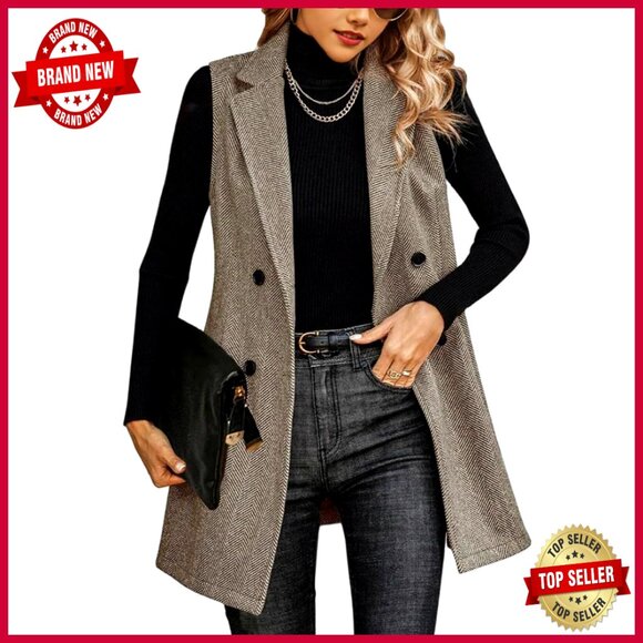 Sleeveless Tweed Vest Blazer Above Knee Length Button Front Notch Collar
